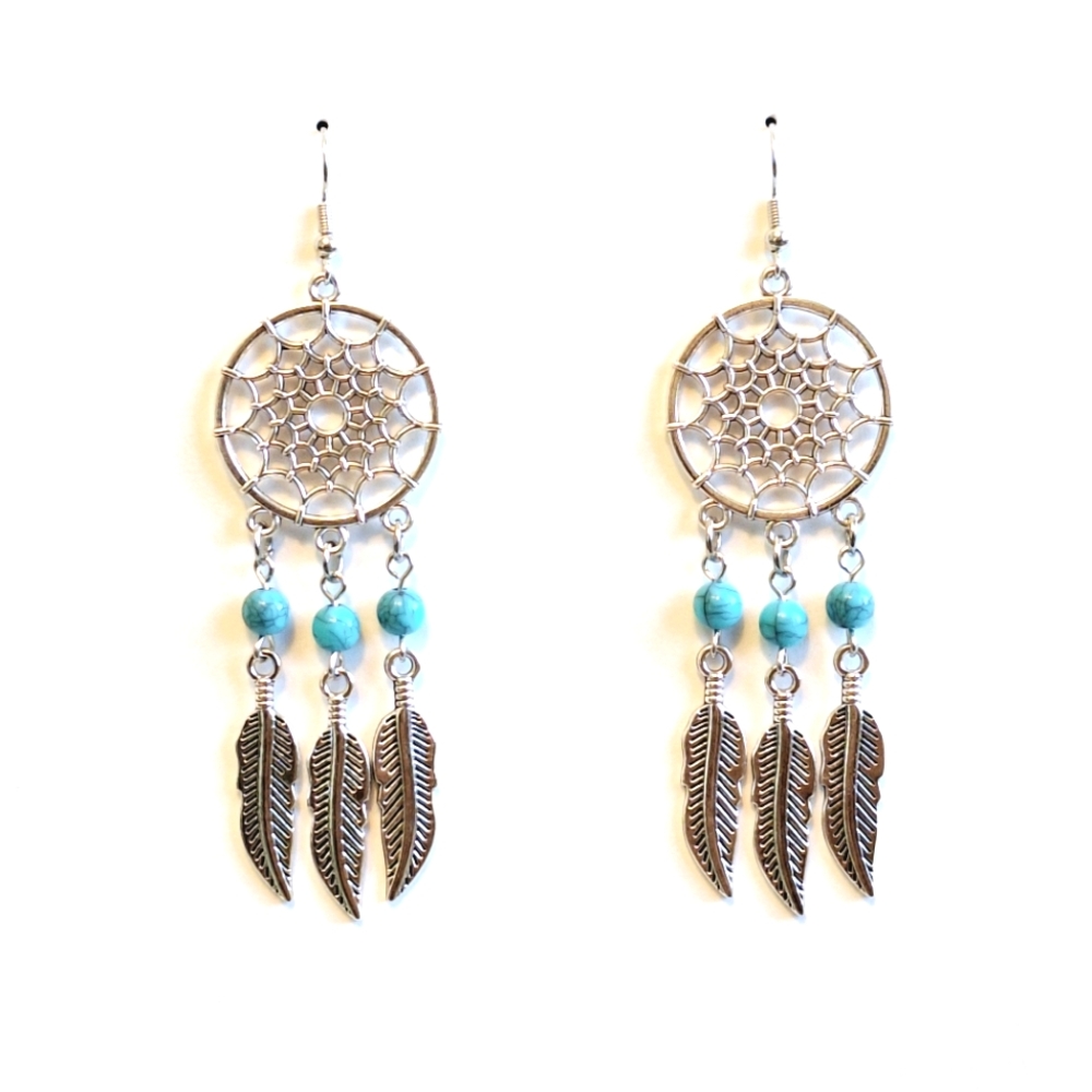 💎 3/$25 Dream Catcher Earrings with Turquoise Beads and silver feathers